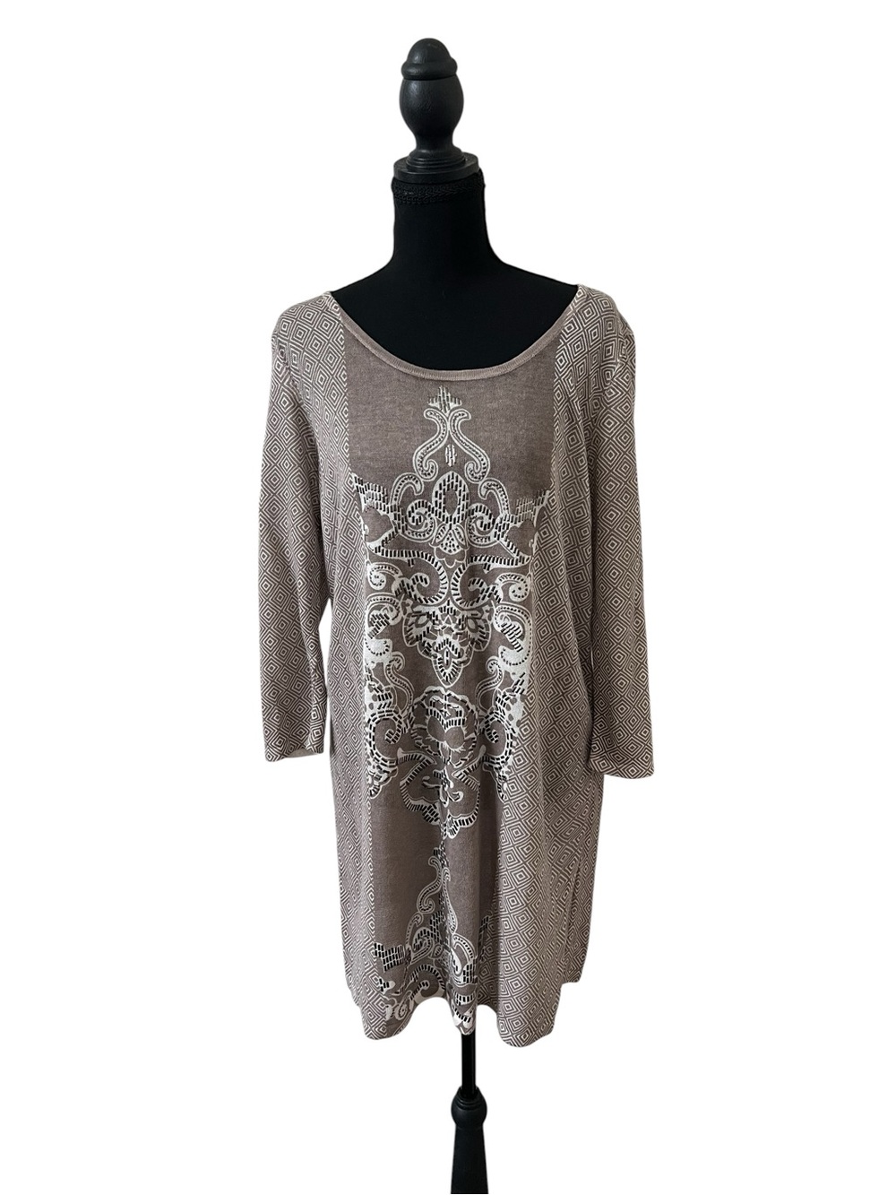 Chico's Taupe Tunic with White Scroll Print